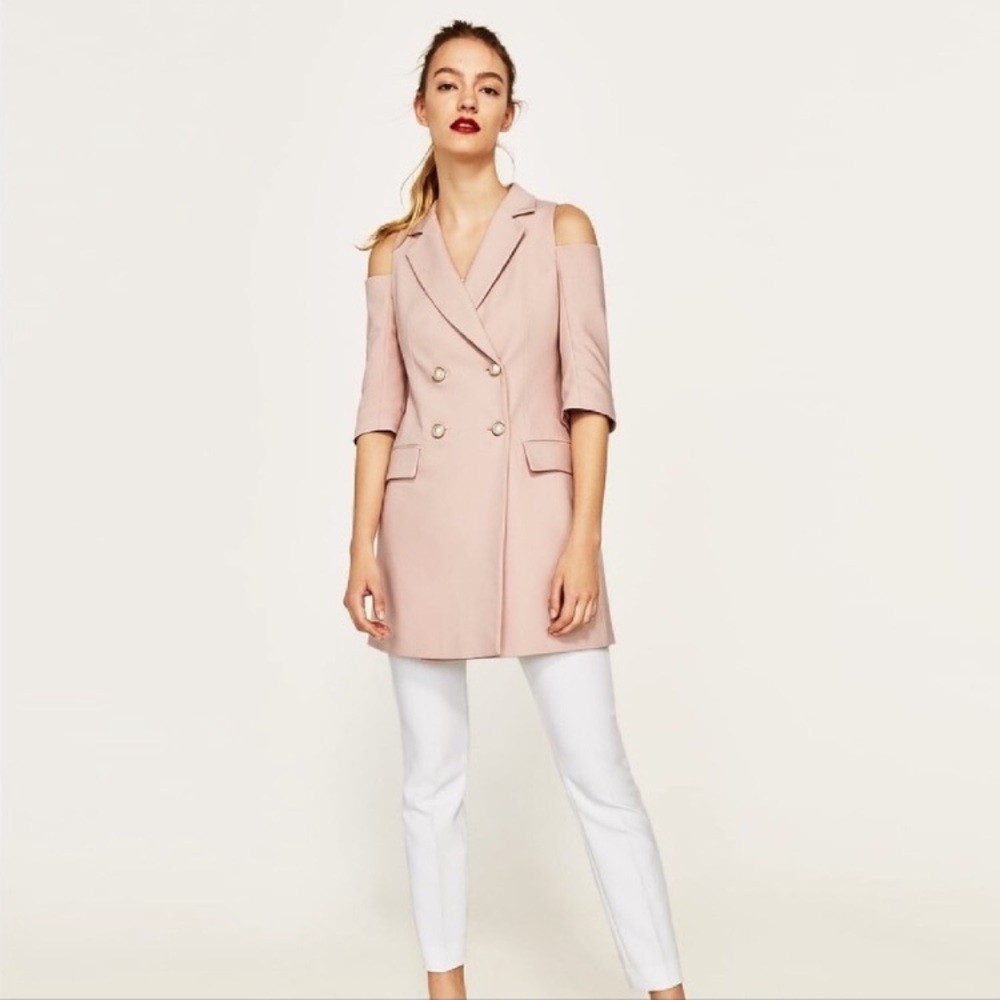Zara Cold Shoulder Blazer With Faux Pearl Buttons - Picture 3 of 16